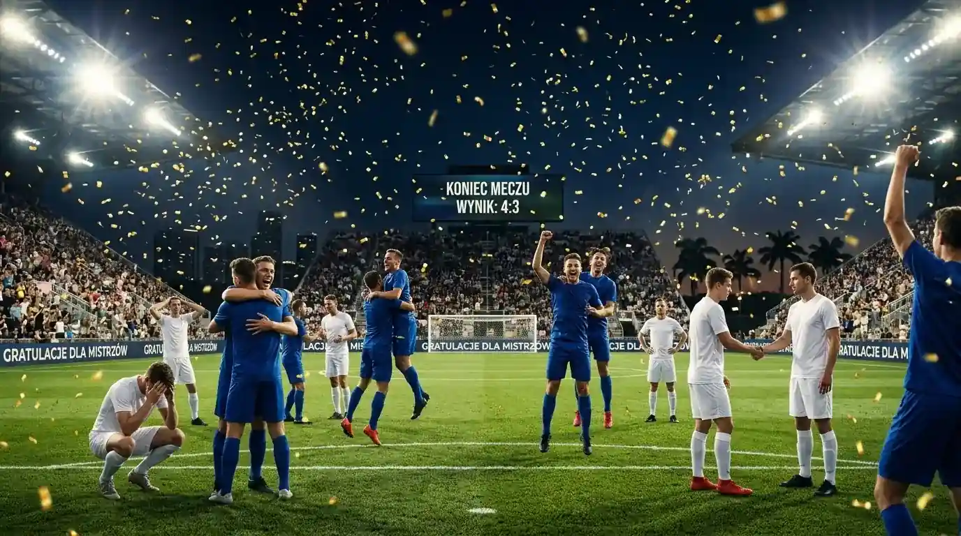 Dwie drużyny reagują na oświetlonej murawie w Miami po meczu pełnym goli