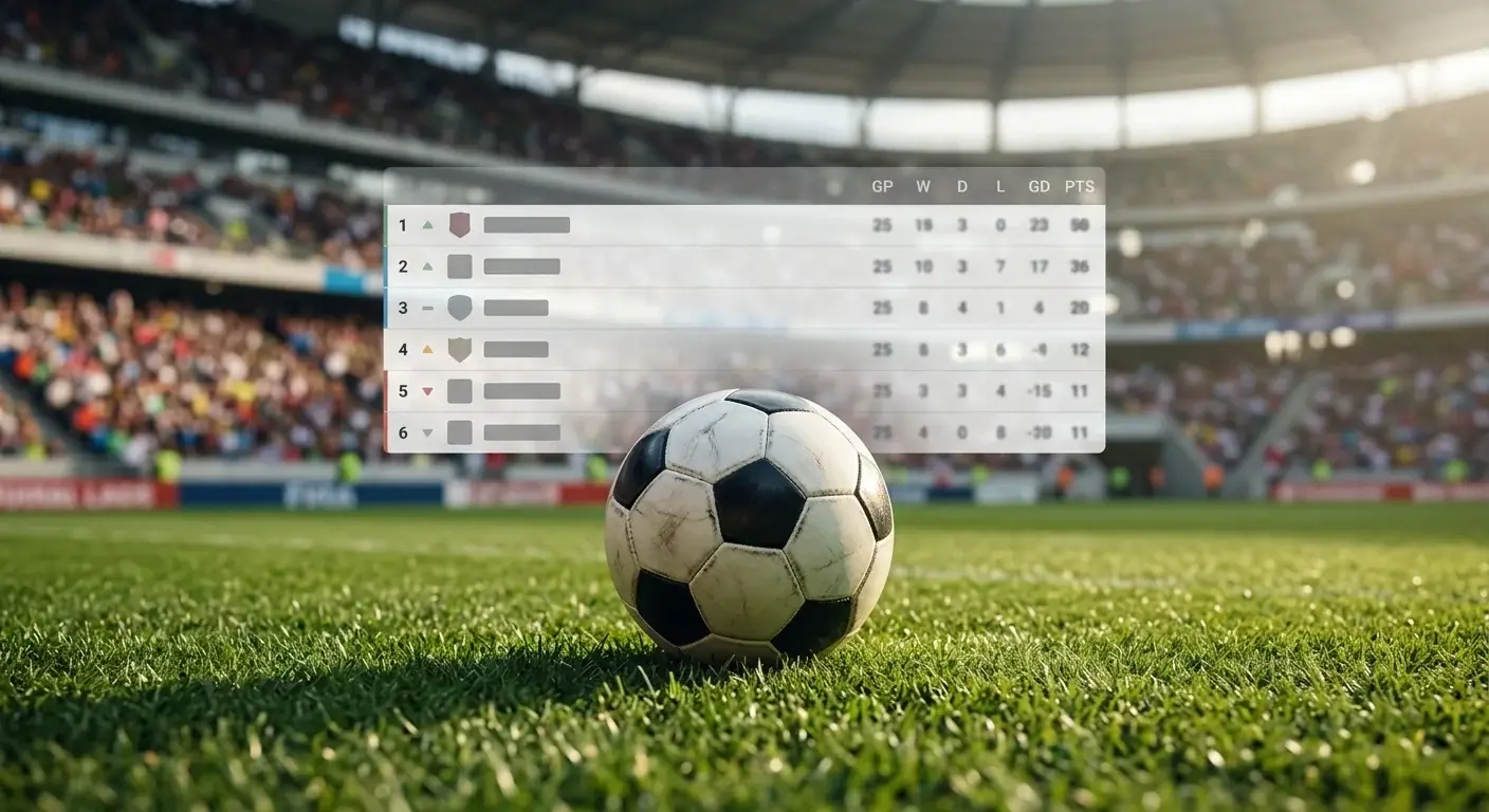 Tabela grupowa i piłka na tle stadionu Mundialu