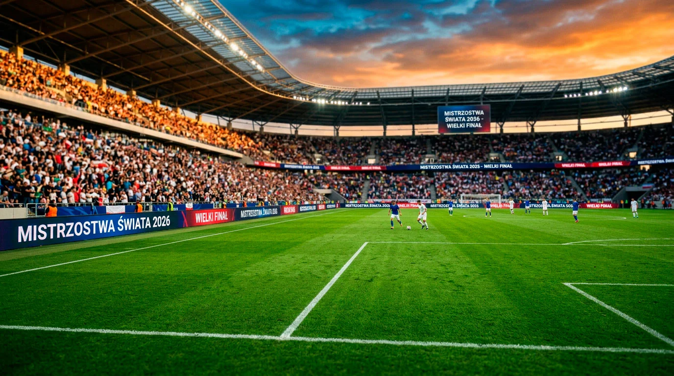 Stadion piłkarski przygotowany na Mistrzostwa Świata 2026 z widokiem na murawę i trybuny