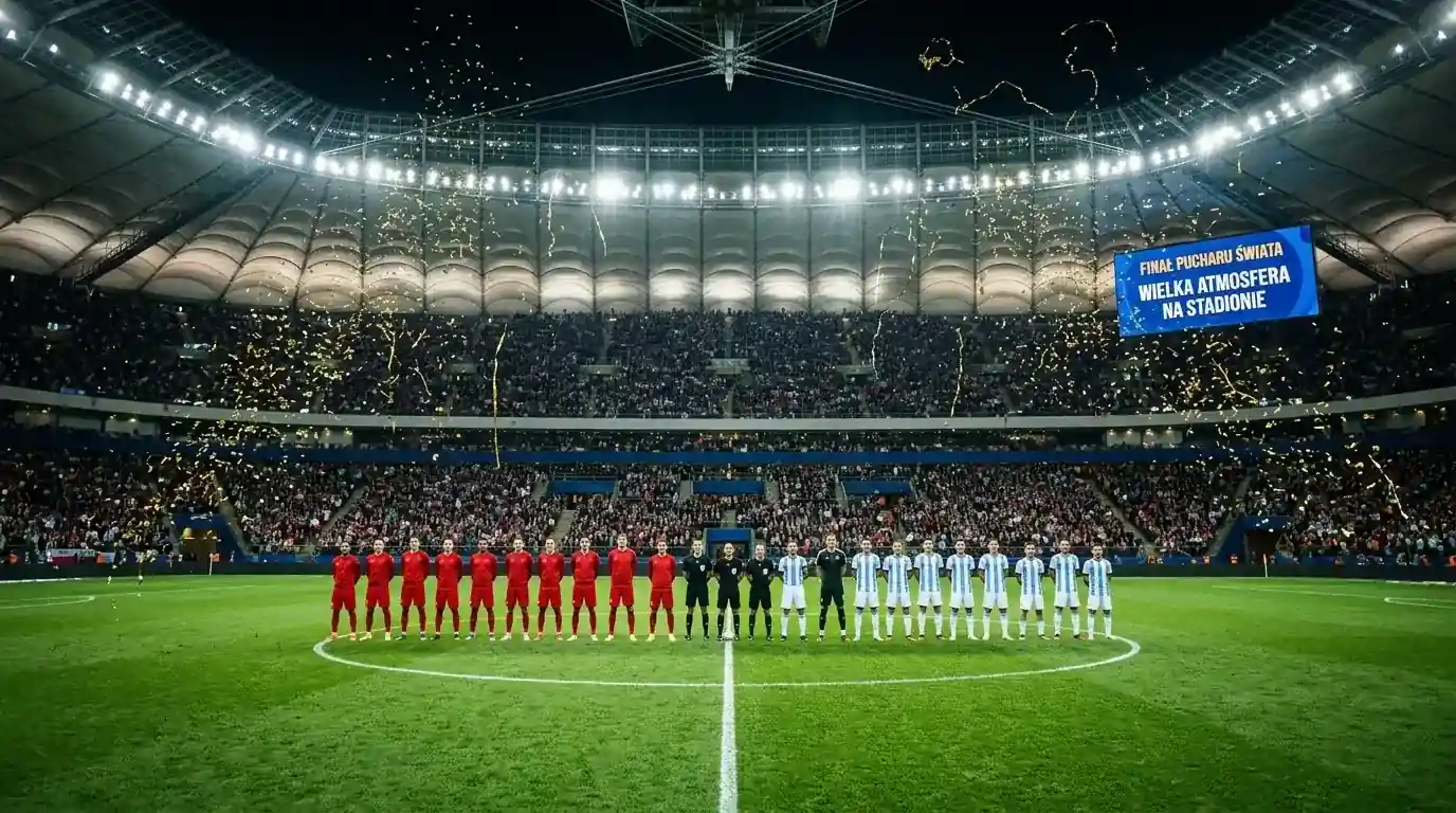 Dwie drużyny ustawione na środku pełnego, oświetlonego stadionu przed finałem MŚ 2026