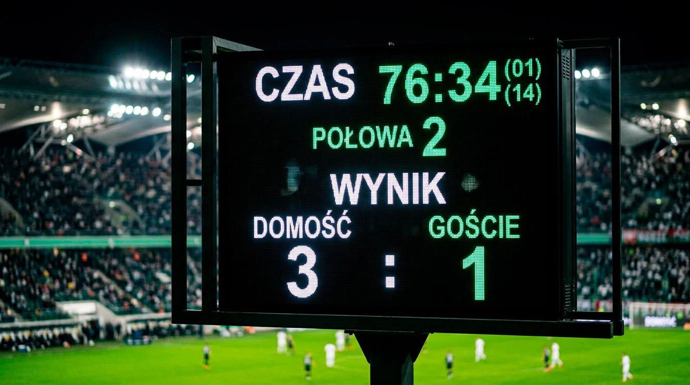 Tablica wyników na stadionie piłkarskim z widocznymi statystykami meczu