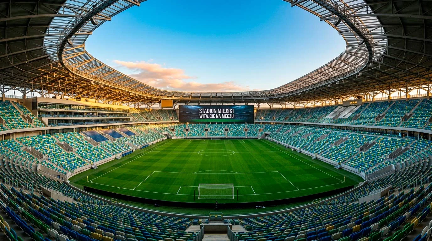 Panorama nowoczesnego stadionu piłkarskiego z pełnymi trybunami podczas meczu międzynarodowego