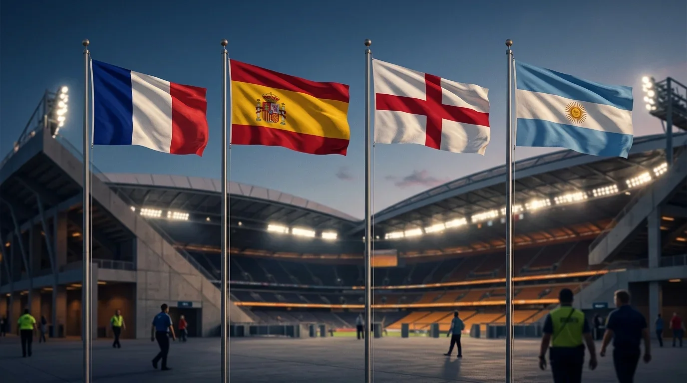 Cztery flagi finalistów na tle AT&T Stadium - Francja Hiszpania Anglia Argentyna