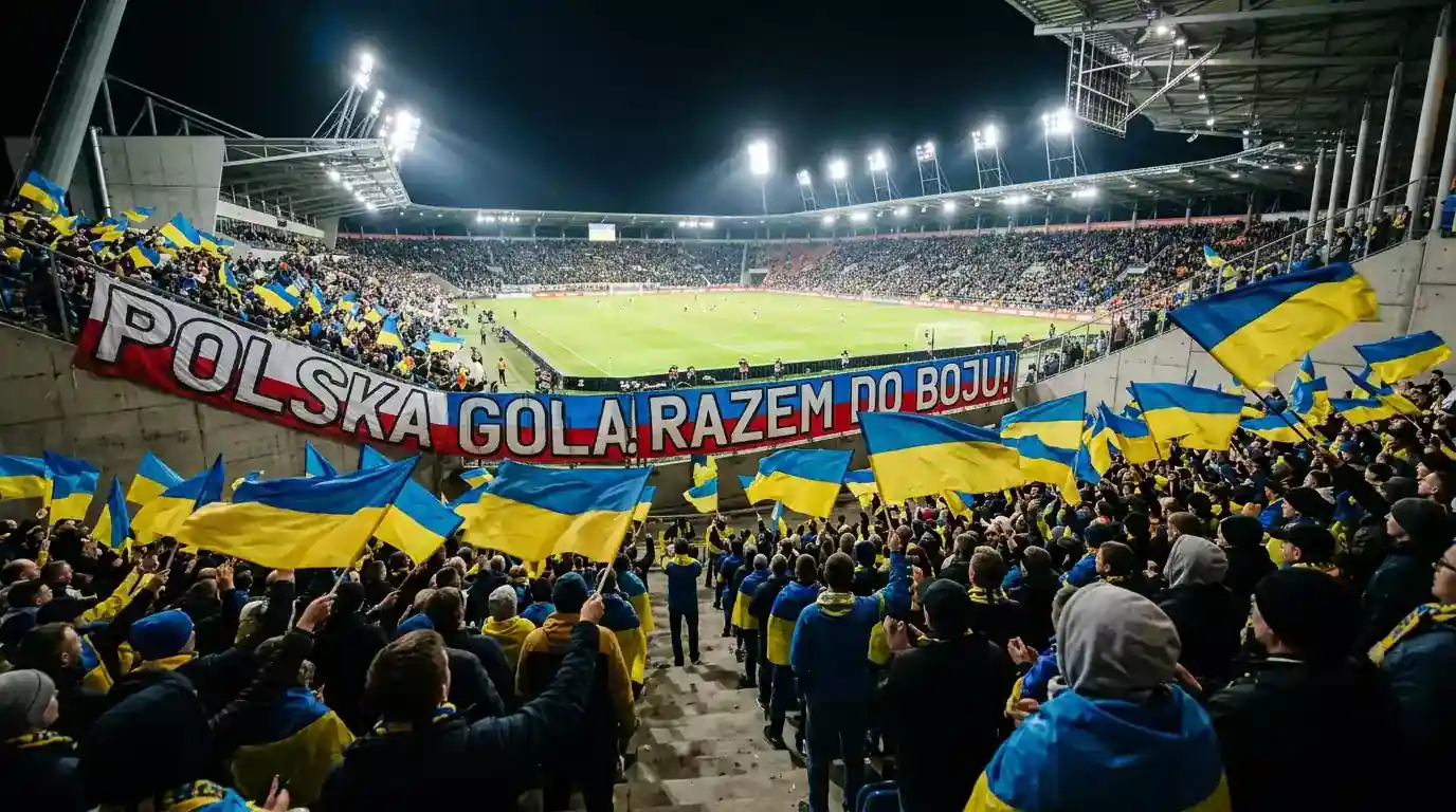 Szwedzcy kibice z flagami na trybunach stadionu Mundial 2026