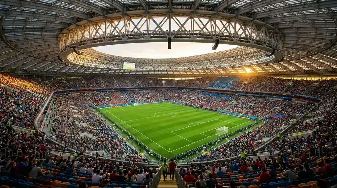 Widok z trybun na wypełniony stadion przed meczem Mundial 2026 w ciepły letni wieczór