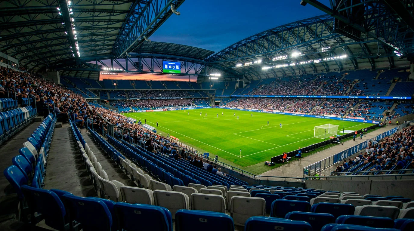 Widok stadionu piłkarskiego z perspektywy trybun podczas wieczornego meczu z podświetloną murawą