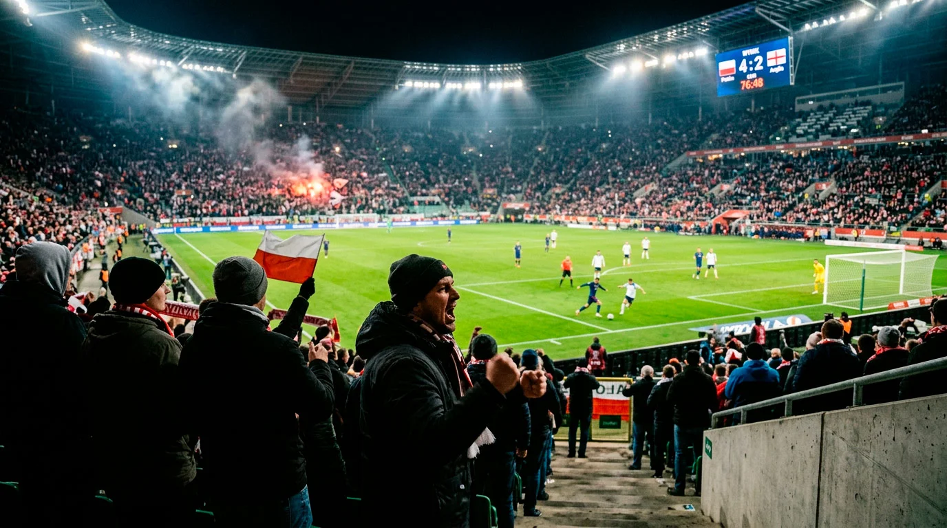 Zakłady na żywo podczas meczów Mundialu 2026 na stadionie piłkarskim.